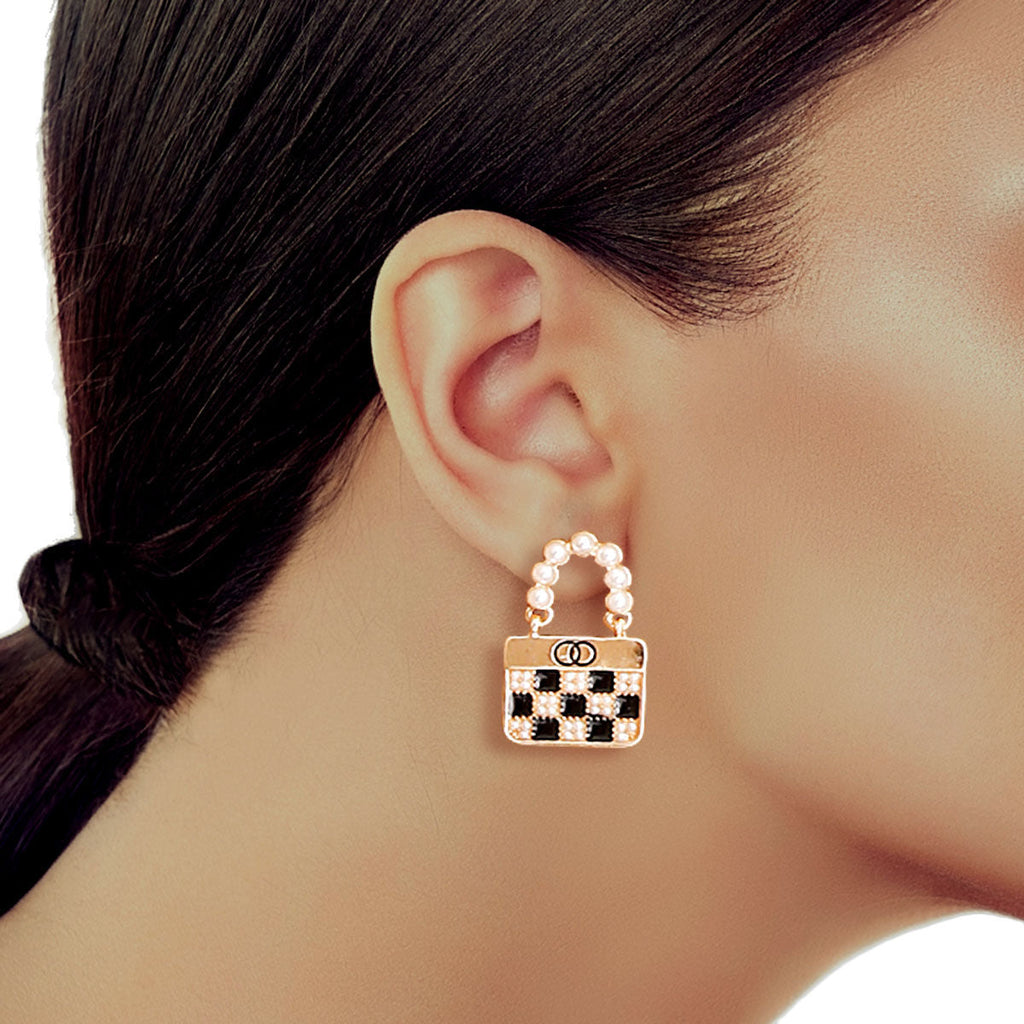 Fashion Handbag Handle Earrings Cream Checker Pattern Stylish Accessory