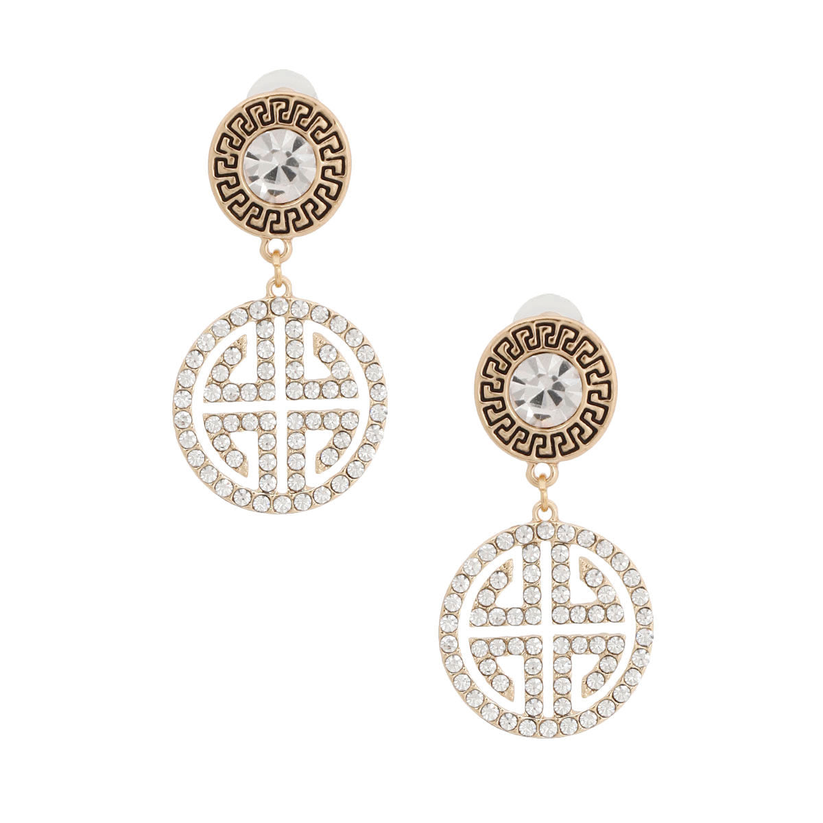Round Gold Crystal Greek Key Earrings Stylish Statement Jewelry