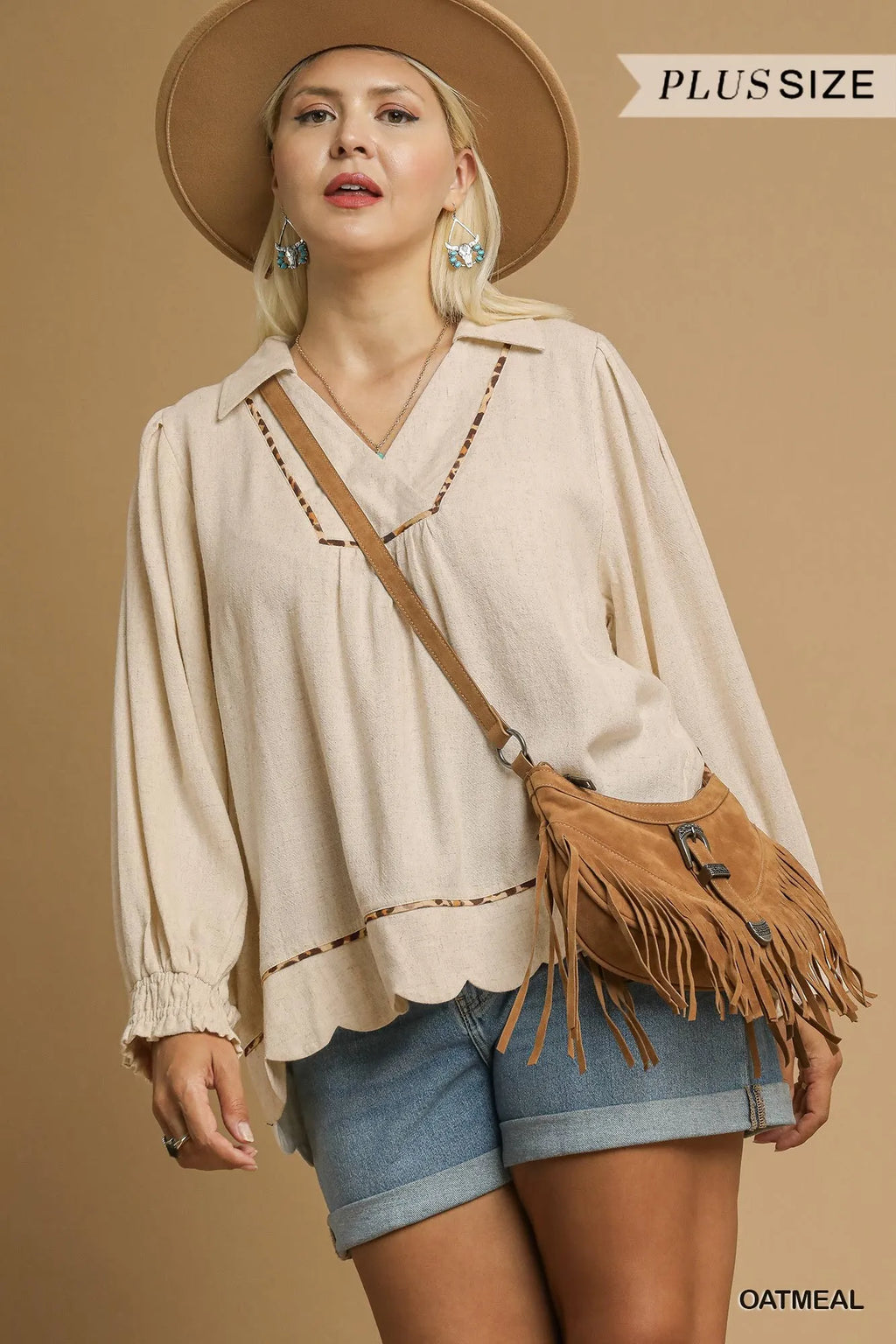 Full Size Linen Scallop Hem Blouse with Contrast Trim Plus Size