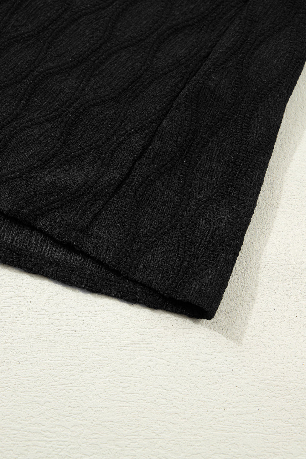 Black Solid Color Textured Notched Neck Puff Sleeve Blouse
