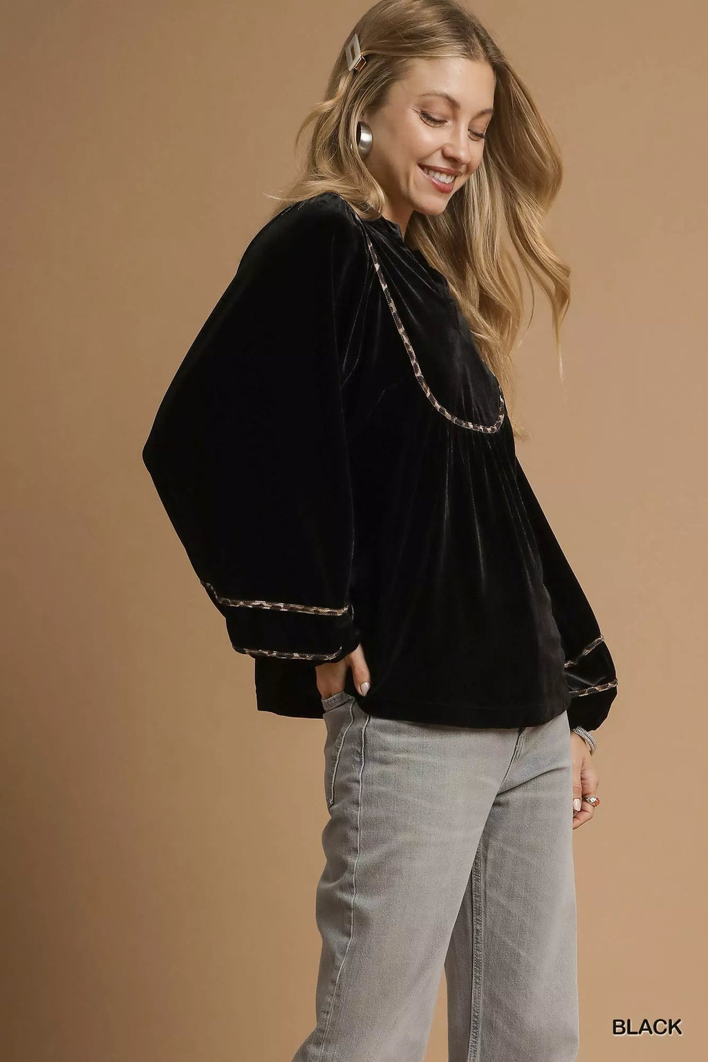 Velvet Long Sleeve Blouse with Contrast Trim