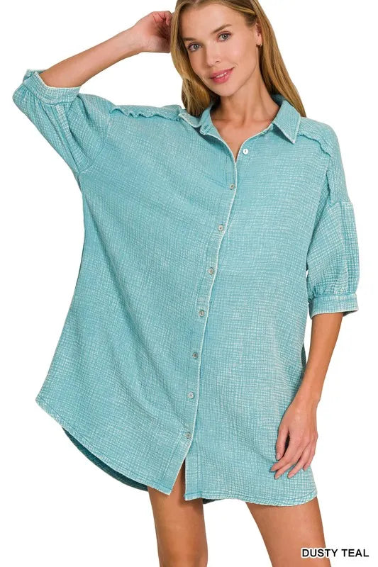 Washed Double Gauze Button Down Shirt Dress