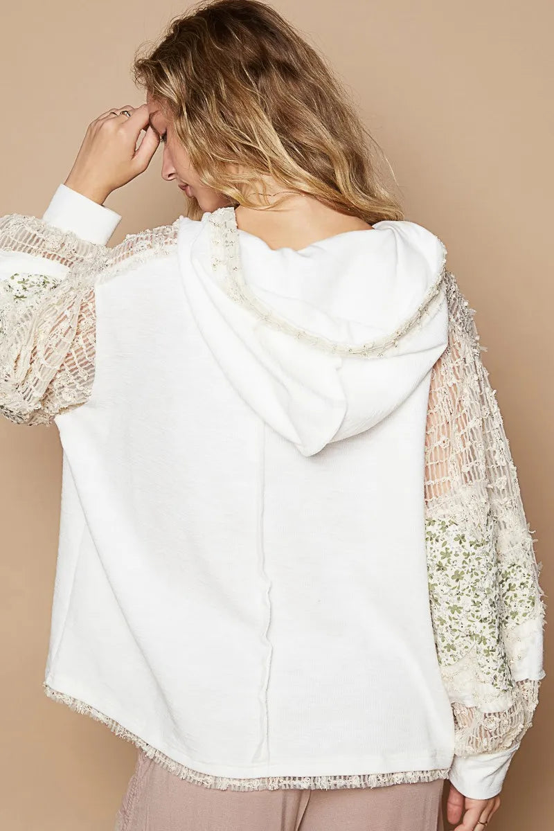 Star Patch Lace Contrast Long Sleeve Hooded Top
