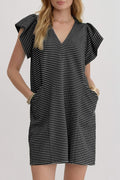 Black Stripe Textured Knit V Neck Flutter Sleeve Shift Mini Dress