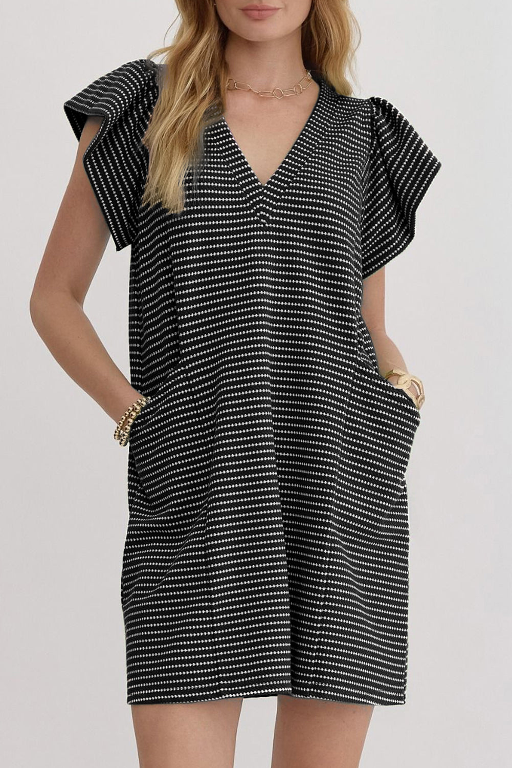 Black Stripe Textured Knit V Neck Flutter Sleeve Shift Mini Dress
