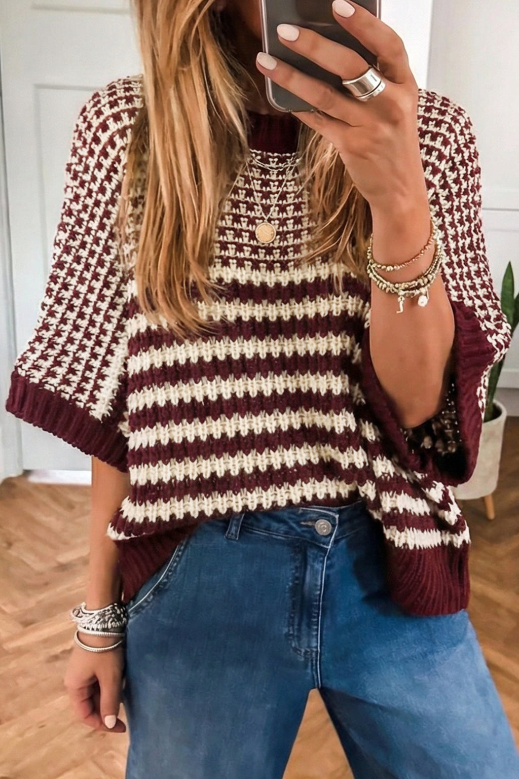 Red 3/4 Draped Sleeve Slouchy Sweater