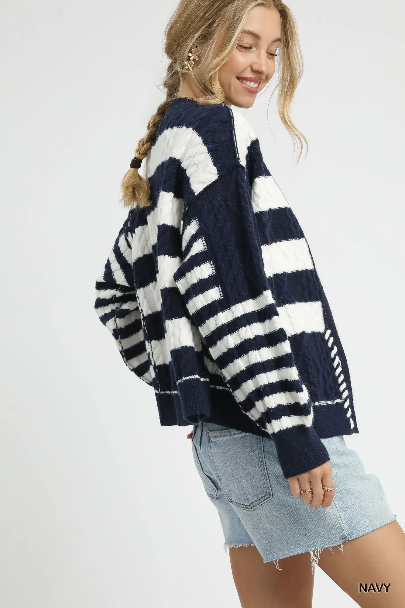Cable-Knit Stripe Button-Up Cardigan