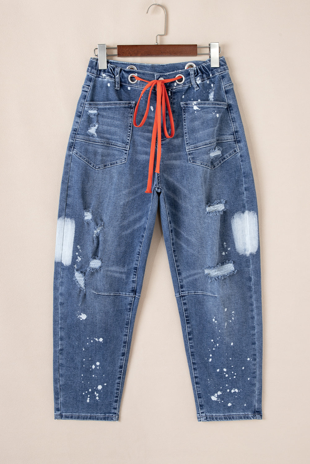 Ripped Splattering Paint Rope Waist Cropped Straight Jeans