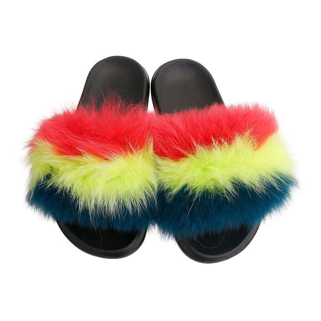 Medium Fox Fur Slippers in Coral and Green – Stylish Lounge Footwear