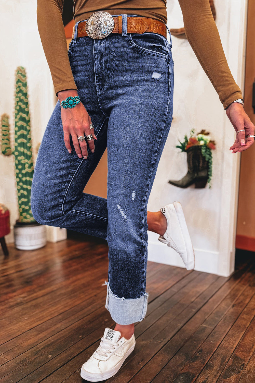 Real Teal Folded Cuffs Distressed Straight High Waist Jeans