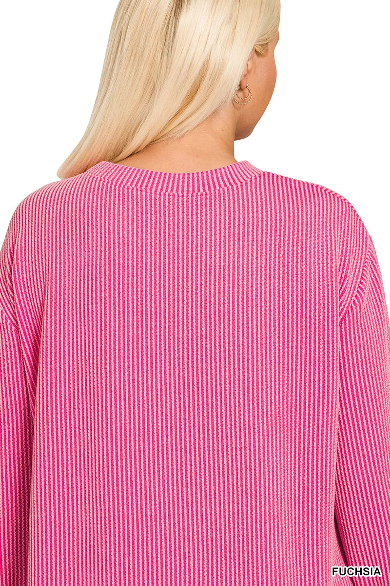 Full Size Raised Rib Round Neck Long Sleeve Top Plus Size