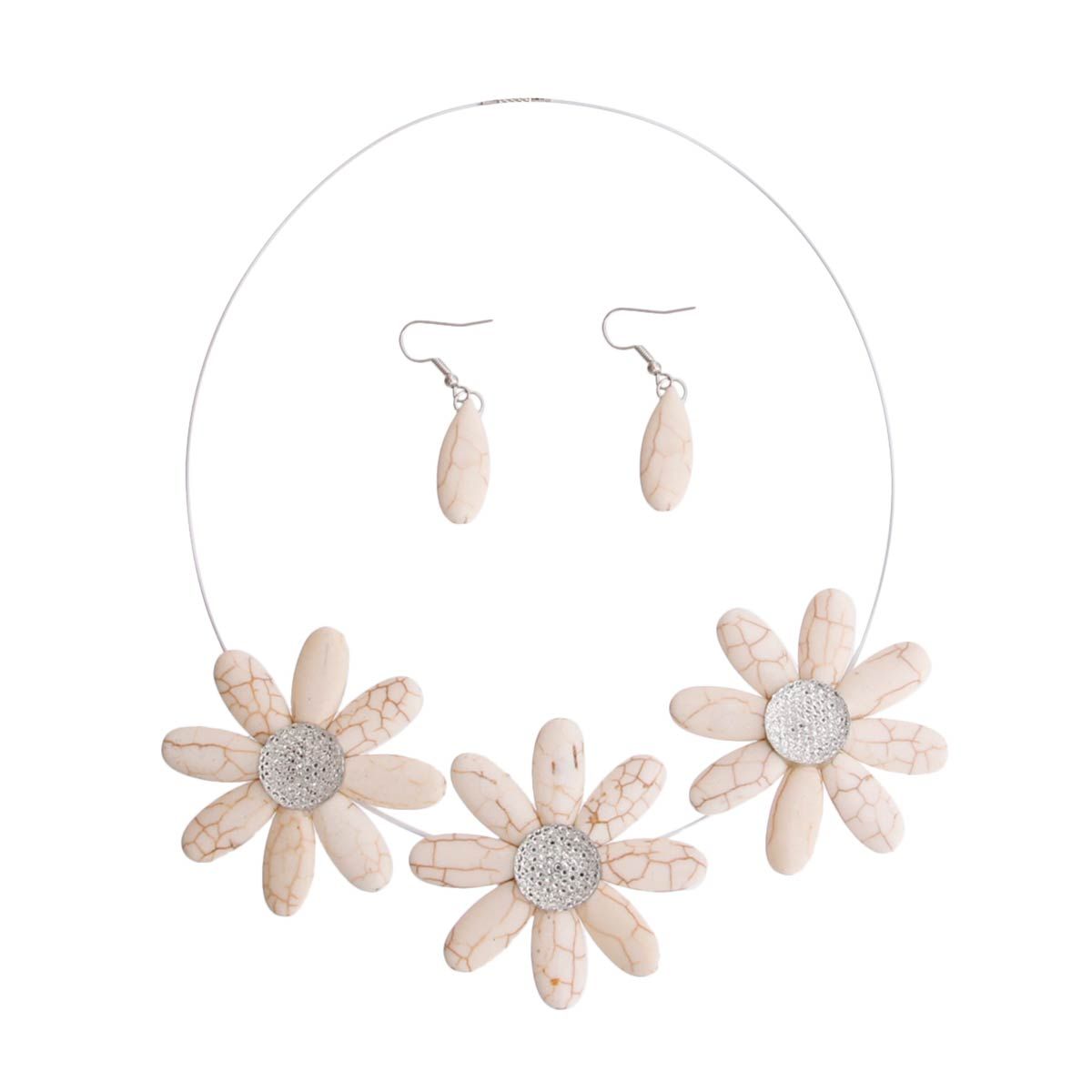 Statement Wire Collar Necklace Ivory Triple Flower Chic Layered Design