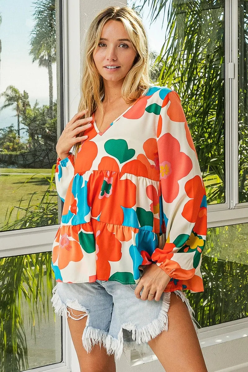 Floral Woven Tiered V Neck Top