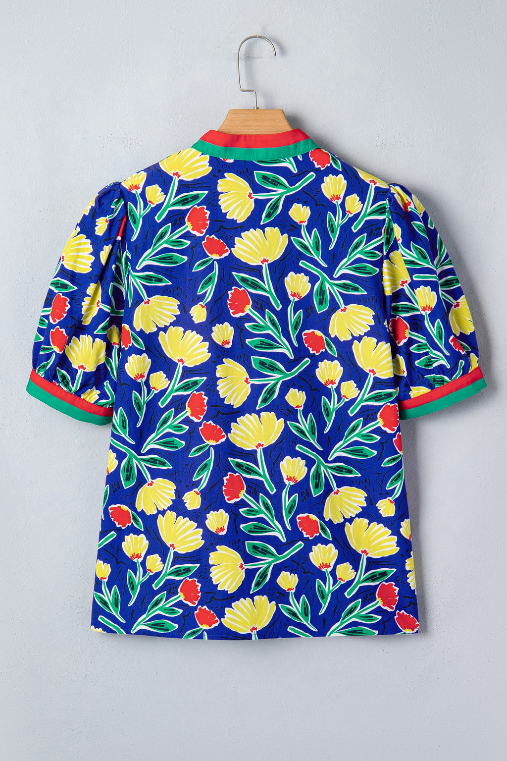 Blue Wild Floral Printed Contrast Striped Patchwork V Neck Short Sleeve Blouse