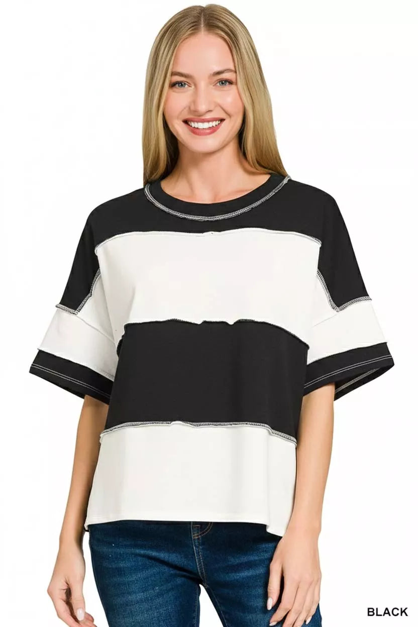 I am a Fashion Junky French Terry Color Block Exposed Seam Top