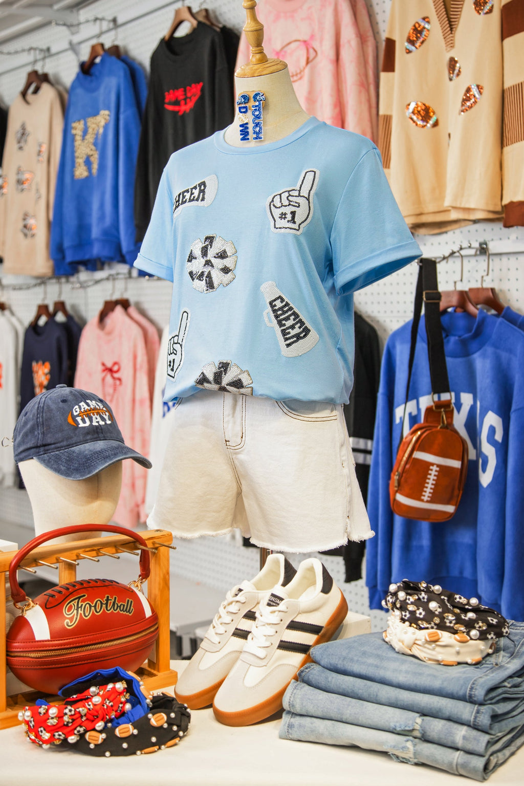 Light Blue Cheer Game Day Element Sequin Patched T Shirt