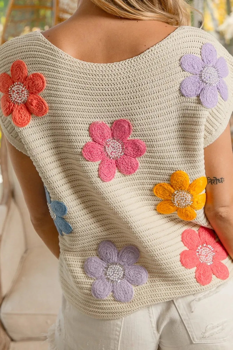 Multi Jeweled Crochet Flower Patch Sweater Vest