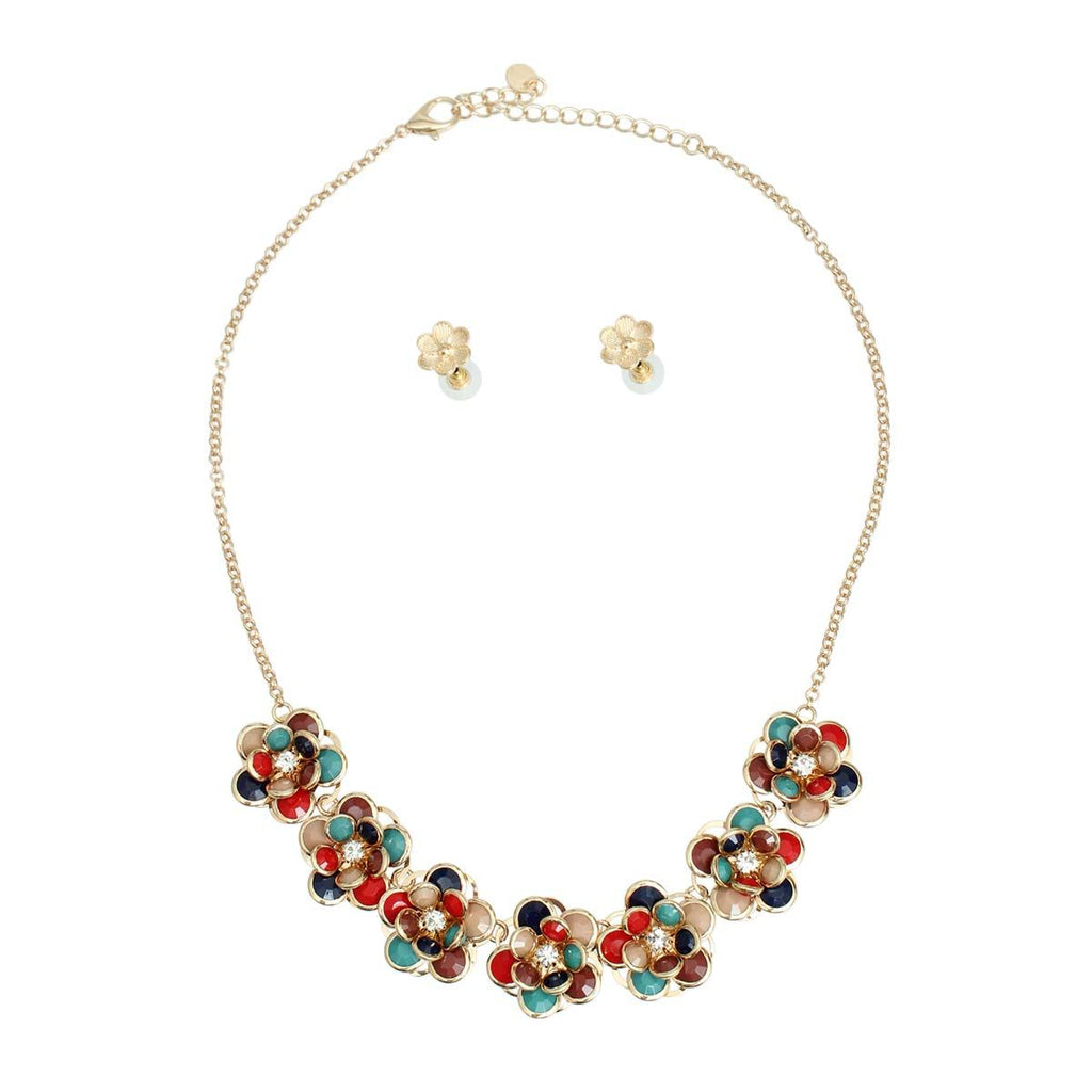 Statement Collar Necklace Set with Multi Beaded 3D Flower Detail