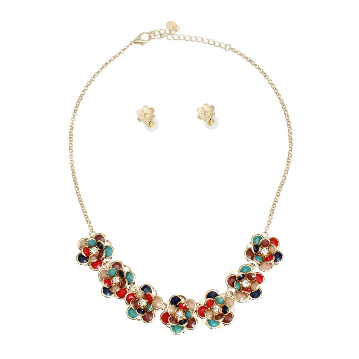 Statement Collar Necklace Set with Multi Beaded 3D Flower Detail