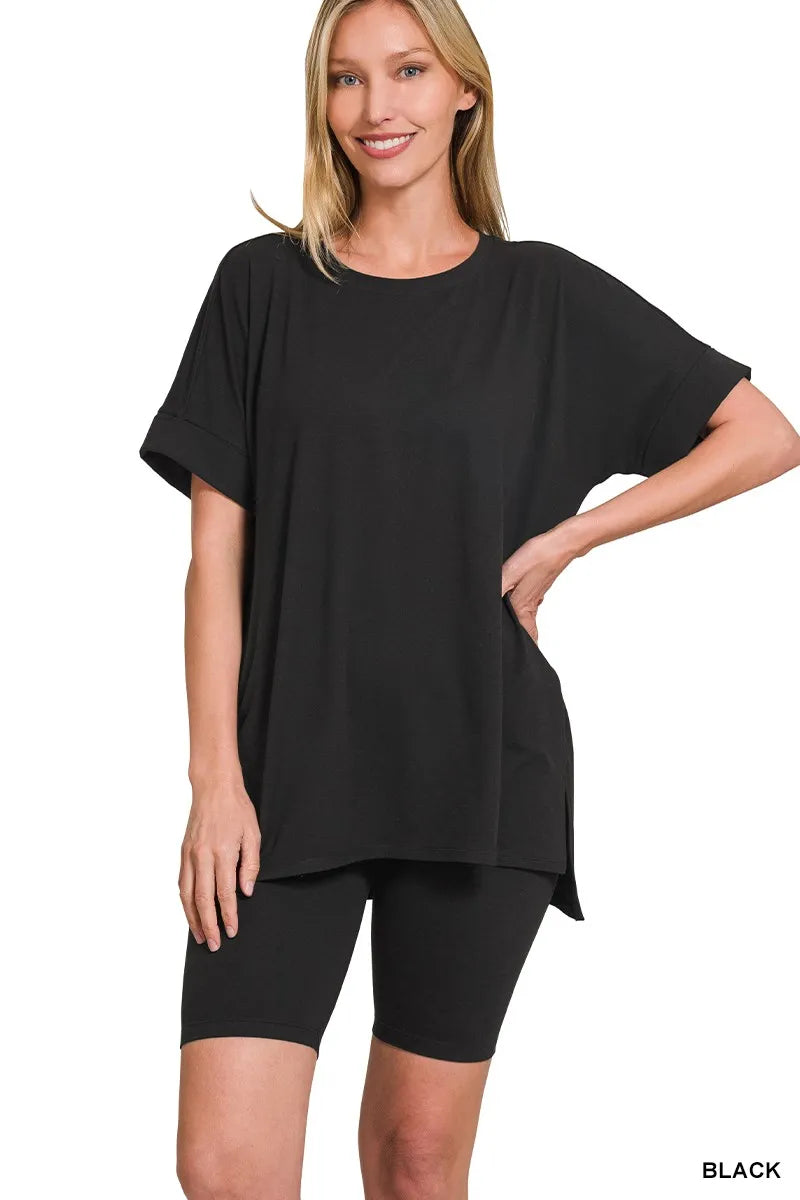 Brushed Dty Microfiber Round Neck Top and Biker Shorts Set