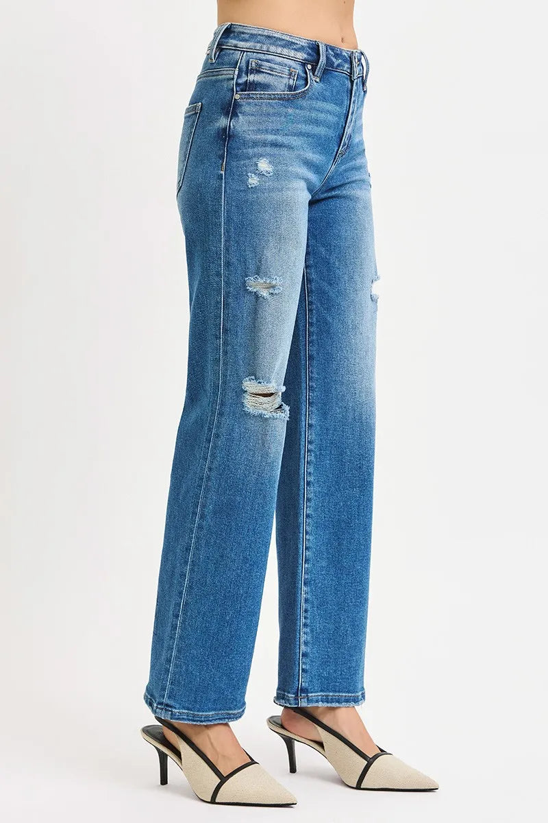 Full Size High Rise Ankle Straight Front Body Distressed Jeans Plus Size
