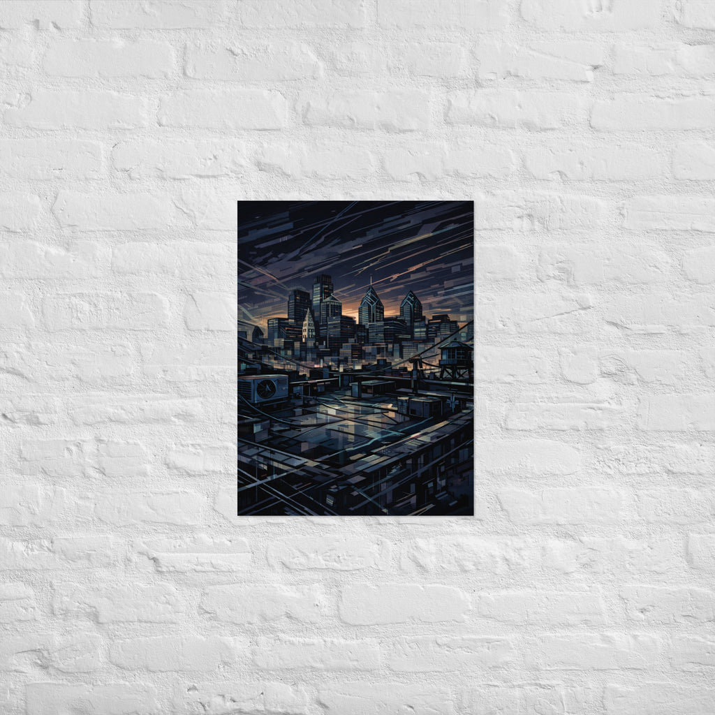 Urban Philly Rooftop Poster – Limited Drop – Philadelphia Skyline Glitch Line Art Wall Art