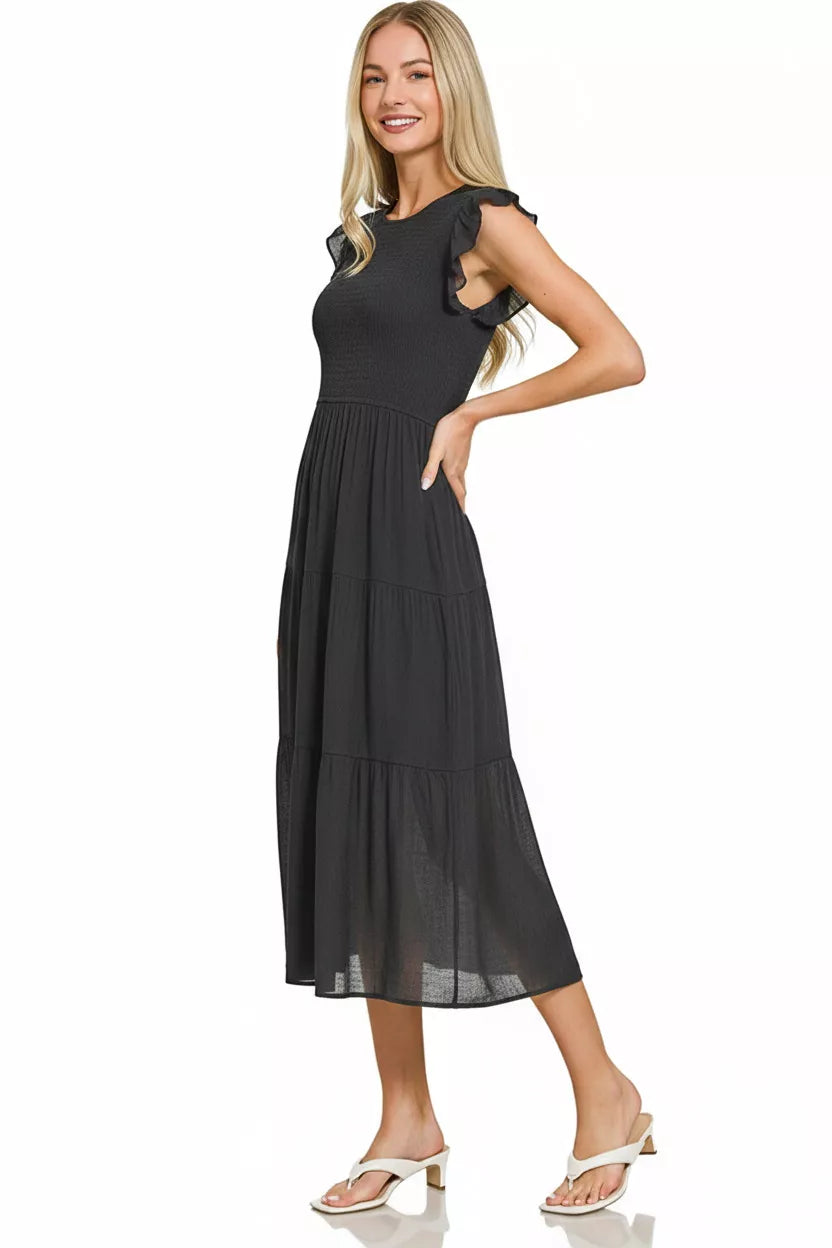 Woven Smocked Ruffle Sleeve Midi Dress