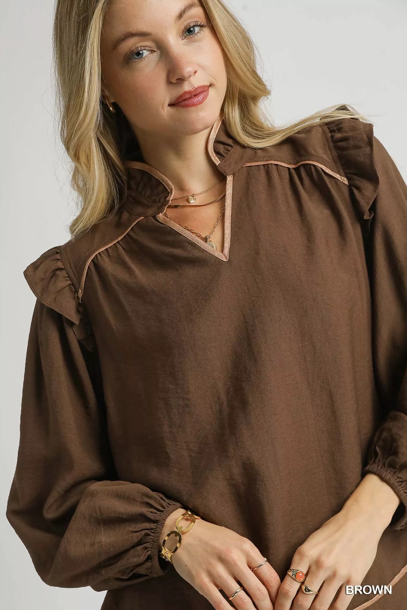 Ruffle Shoulder Long Sleeve Blouse