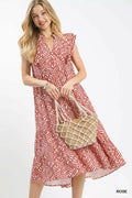 Leaf Print Tiered Midi Dress with Ruffle Detail