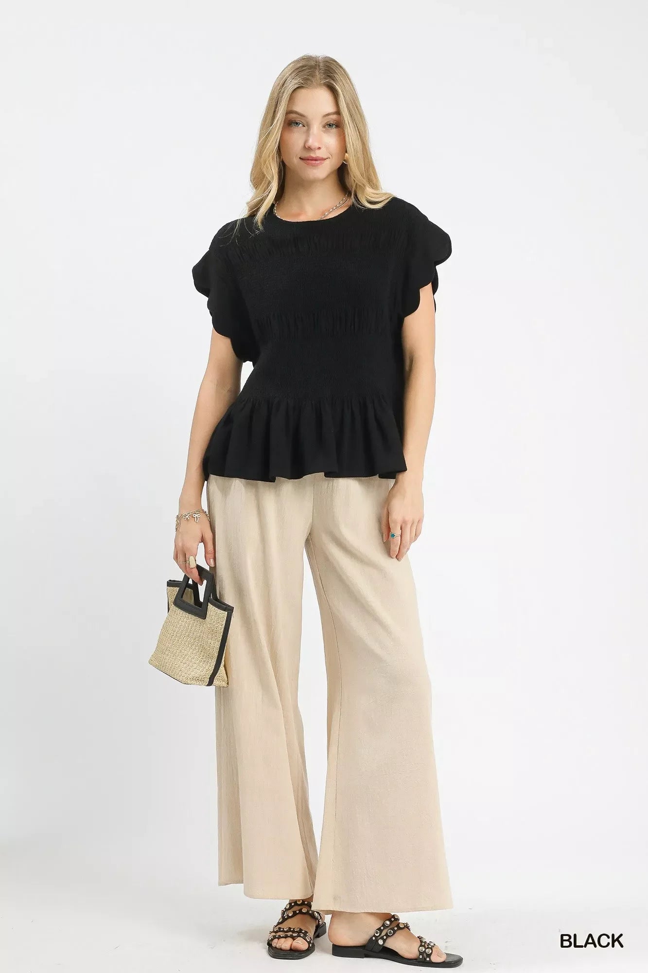 Linen Blend Smocked Peplum Blouse