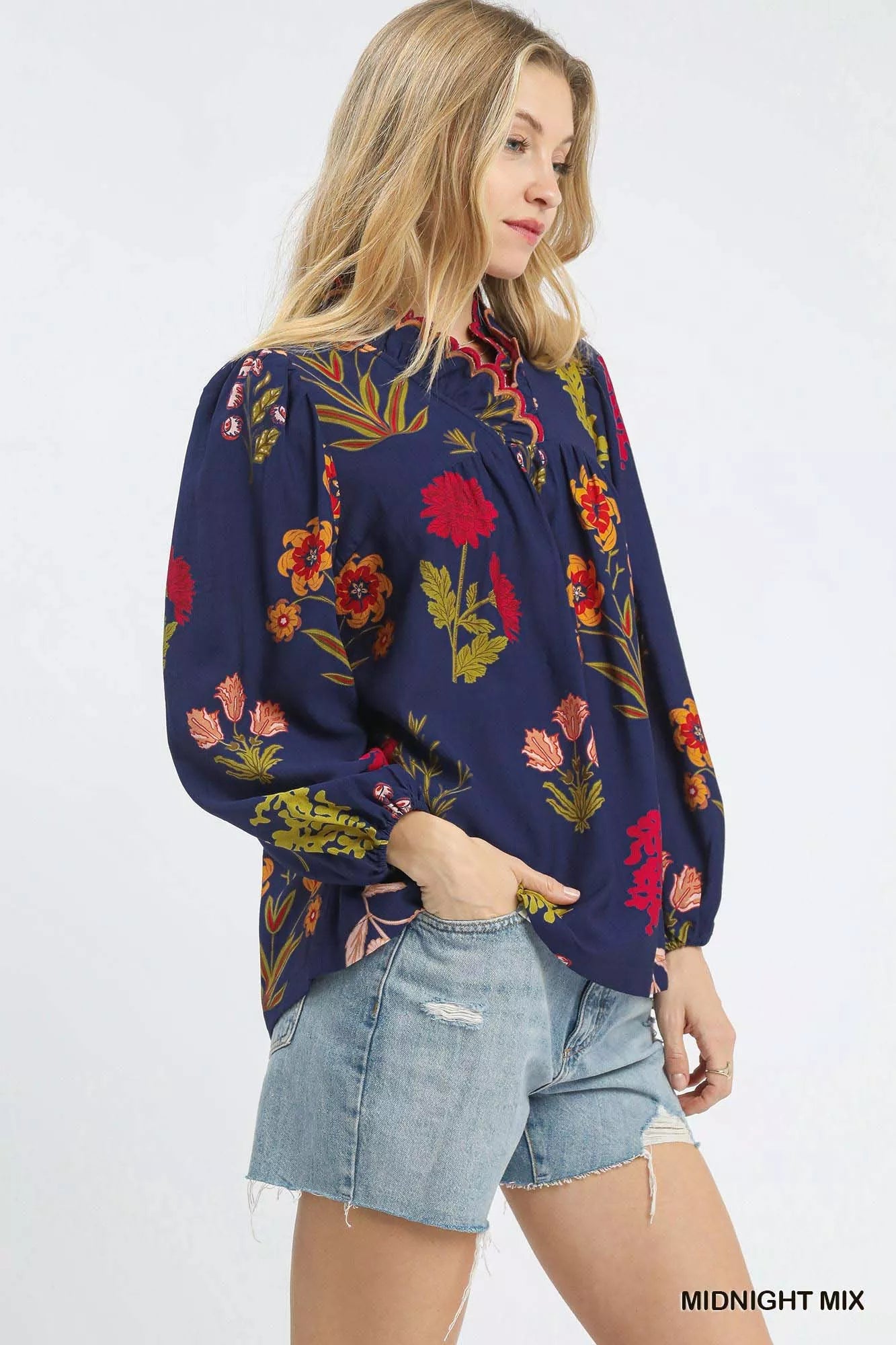 Flower Print Blouse with Scalloped Neckline