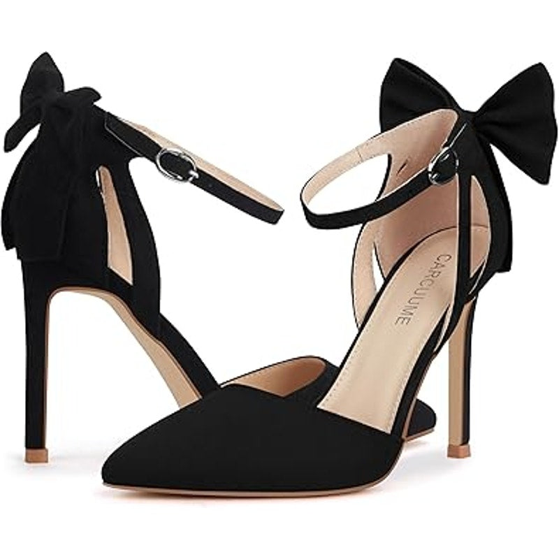 Carcuume Womens Size 8 Black Faux Suede Bow Tie Back 4" Heels Closed Toe Shoes
