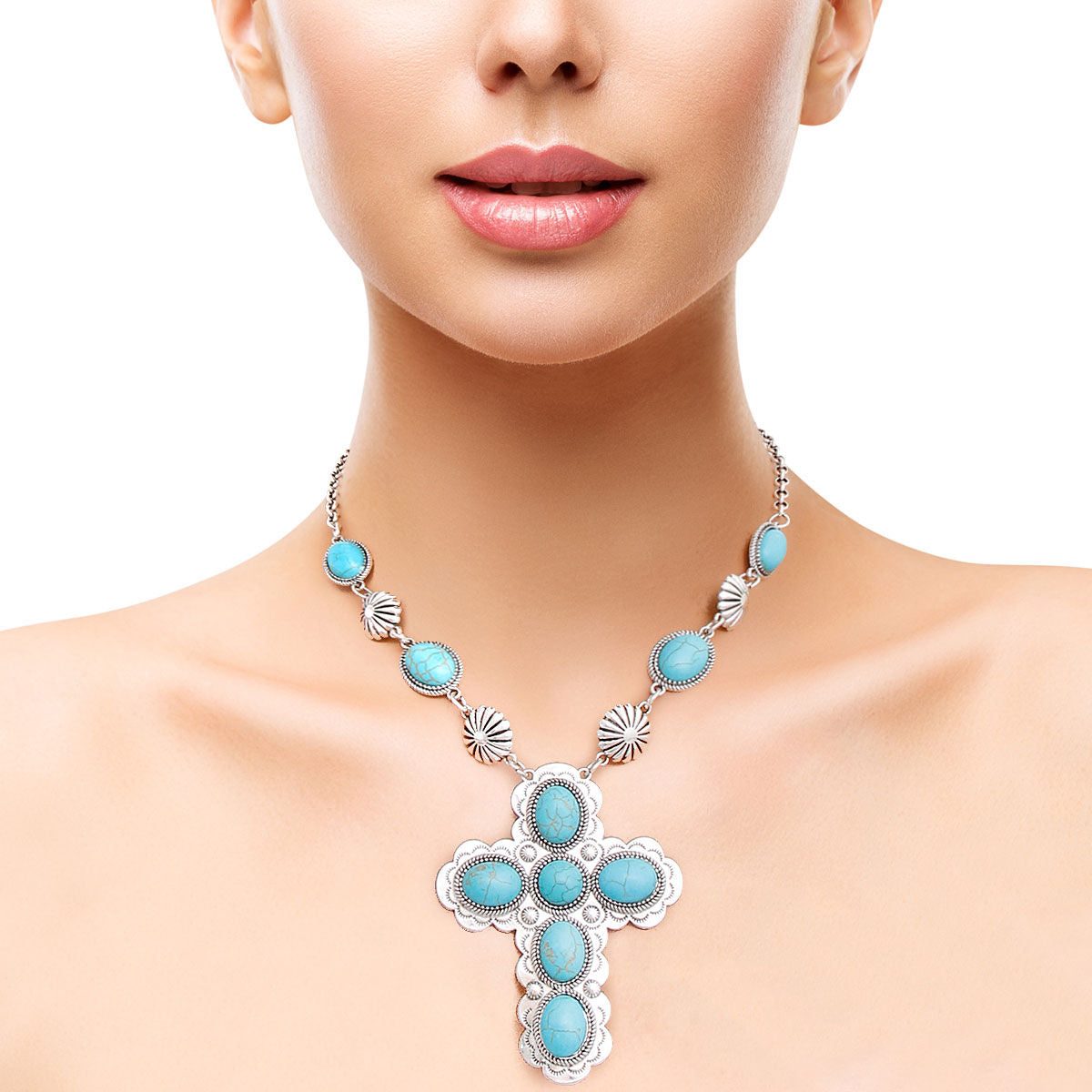 Silver Cross Necklace with Turquoise Stone – Stylish Statement Jewelry