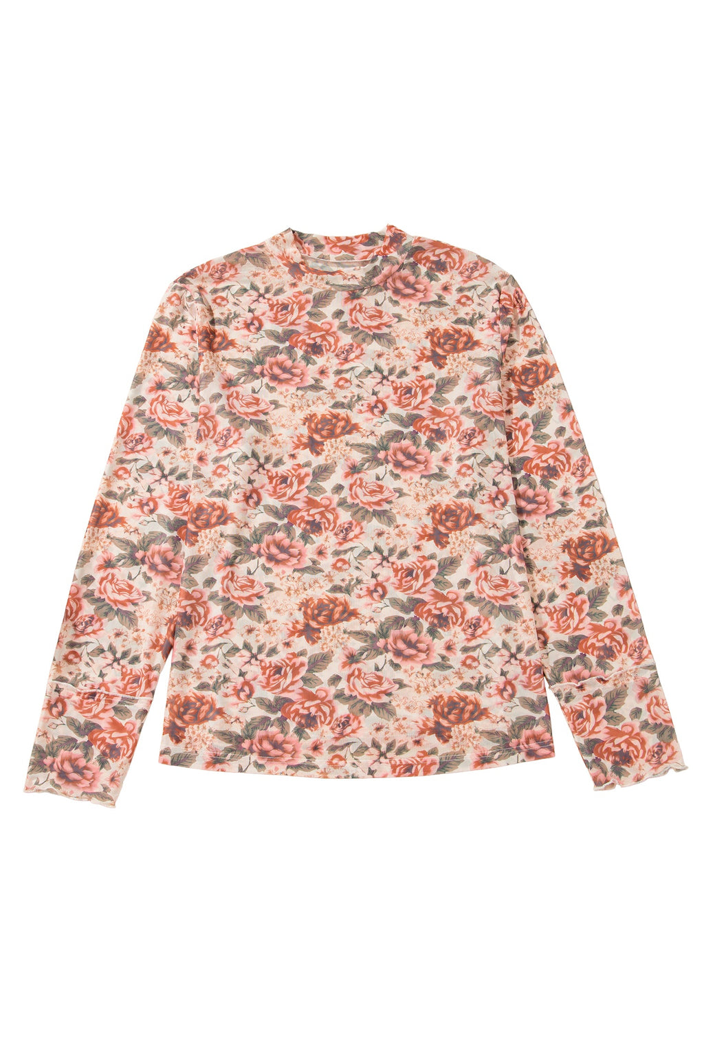 Pink Plus Size Floral Mock Neck Long Sleeve Slim Top