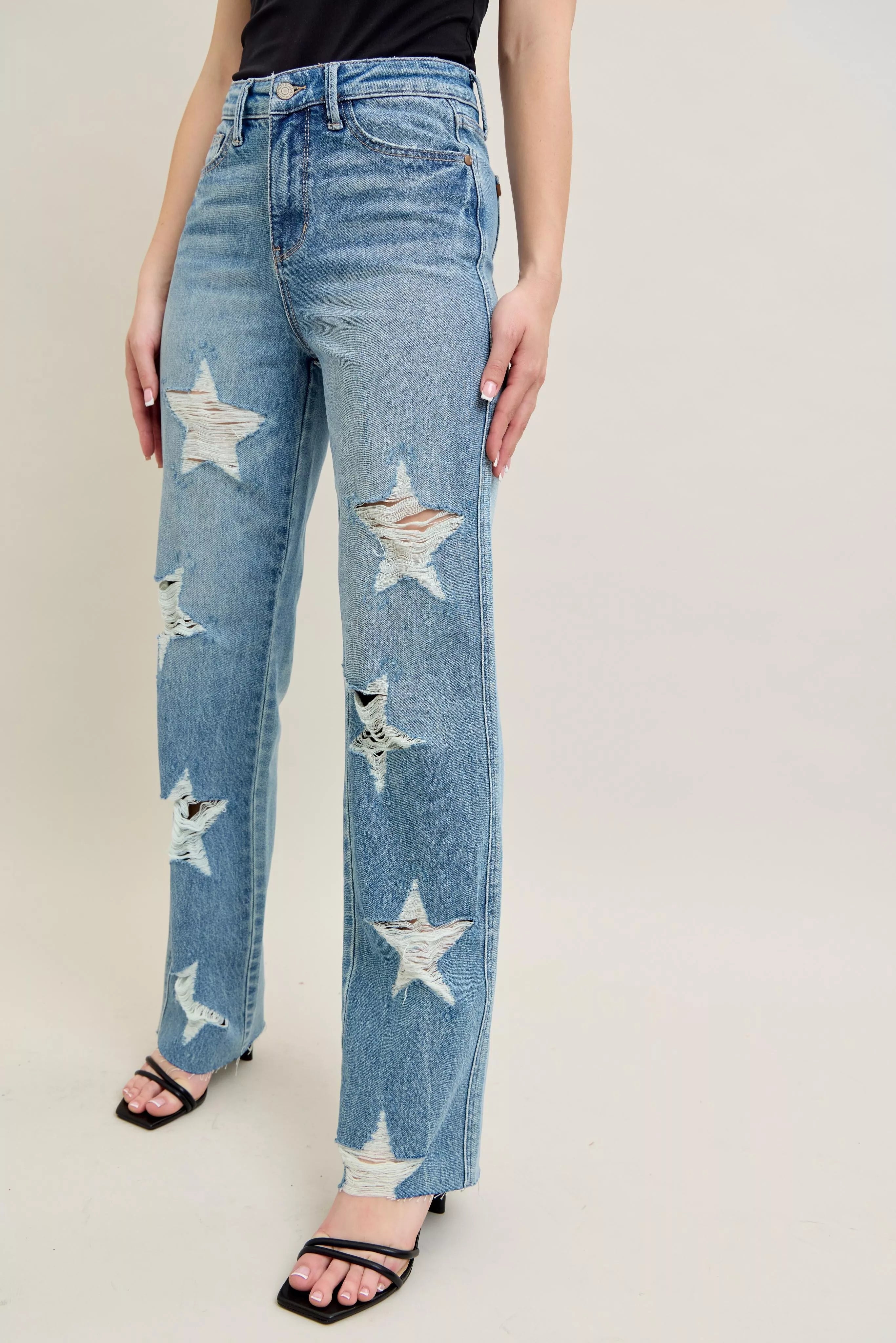 Full Size High Waist Rigid Magic Star Shaped Destroy 90's Straight Jeans Plus Size