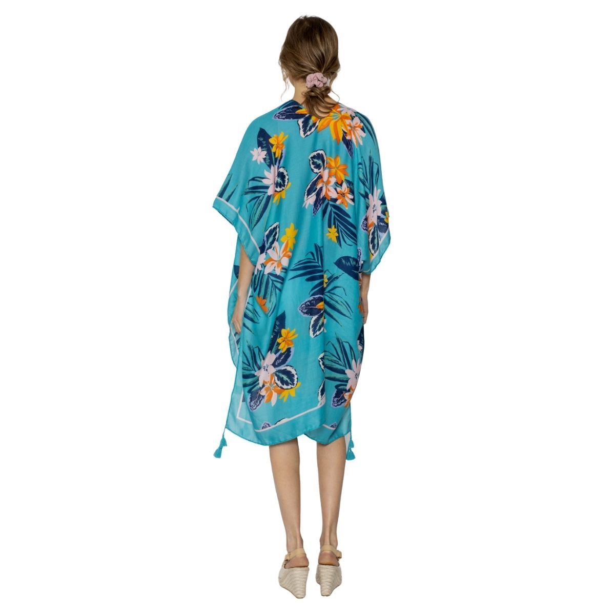 Women’s Turquoise Tropical Floral Tassel Kimono – Stylish Casual Layered Cover-Up