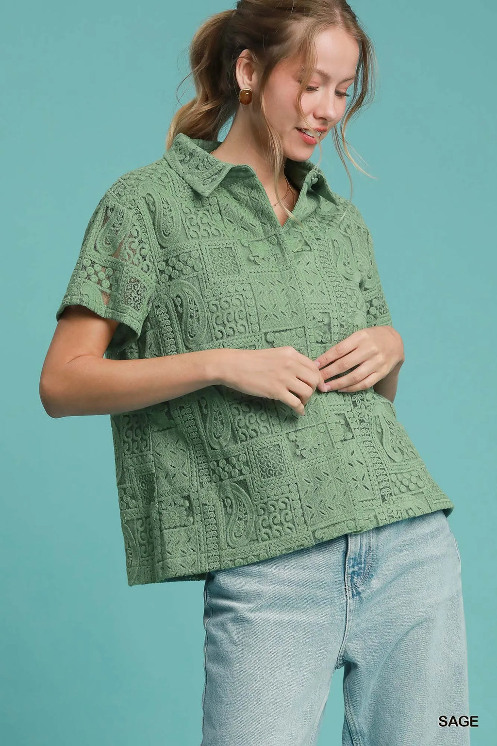 Patch Lace Short Sleeve Button Down Shirt