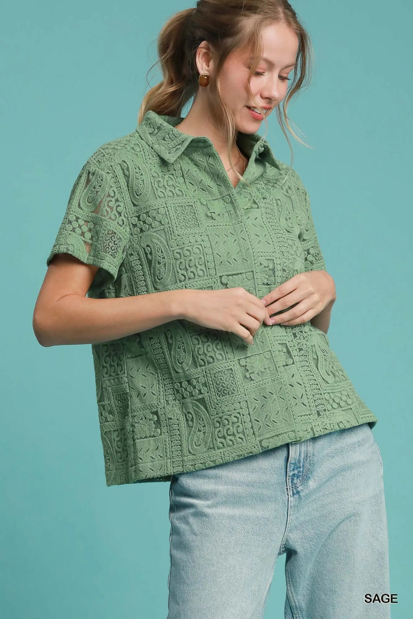 Patch Lace Short Sleeve Button Down Shirt