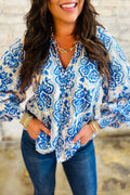 Sky Blue Ethnic Printed Tie Split Neck Button Front Puff Sleeve Shirt