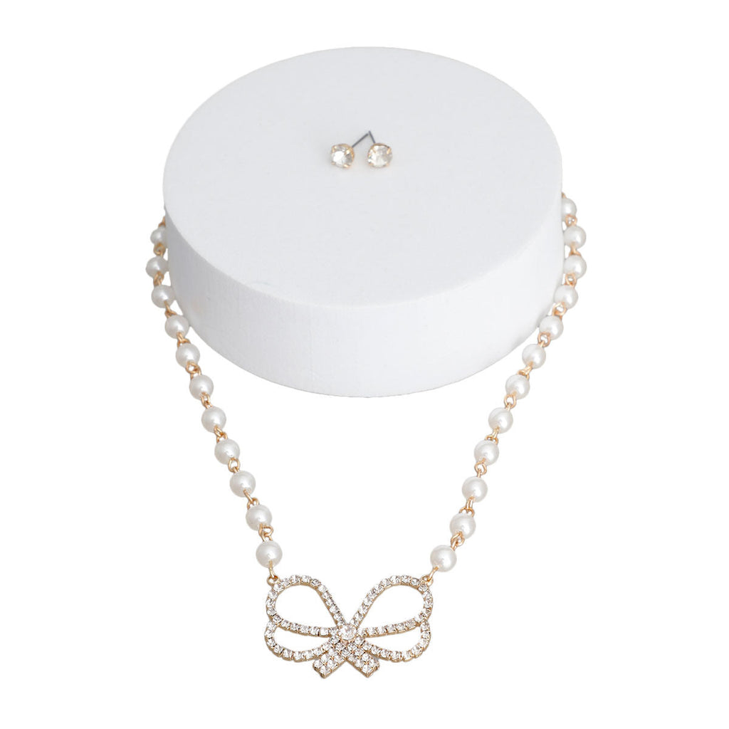 Statement Necklace Cream Pearl Rhinestone Bow Elegant Chic Accessory