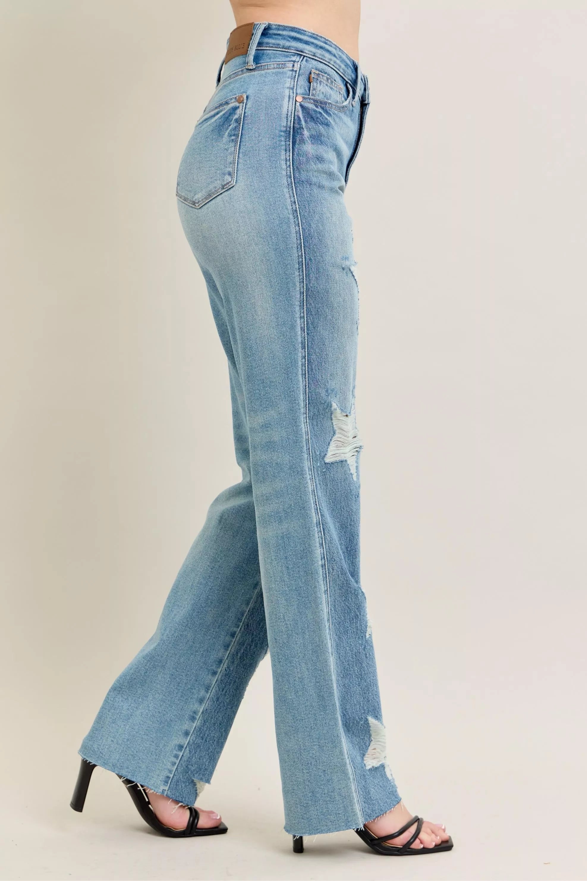 Full Size High Waist Rigid Magic Star Shaped Destroy 90's Straight Jeans Plus Size