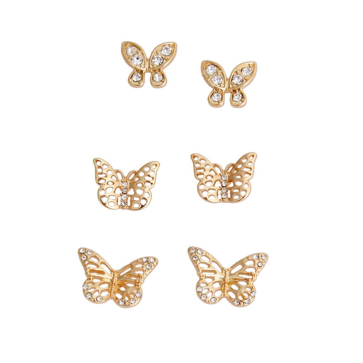 Butterfly Stud Earrings 3-Piece Gold Set Stylish Chic Jewelry