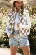Khaki Checkered Sherpa Collared Jacket Vest