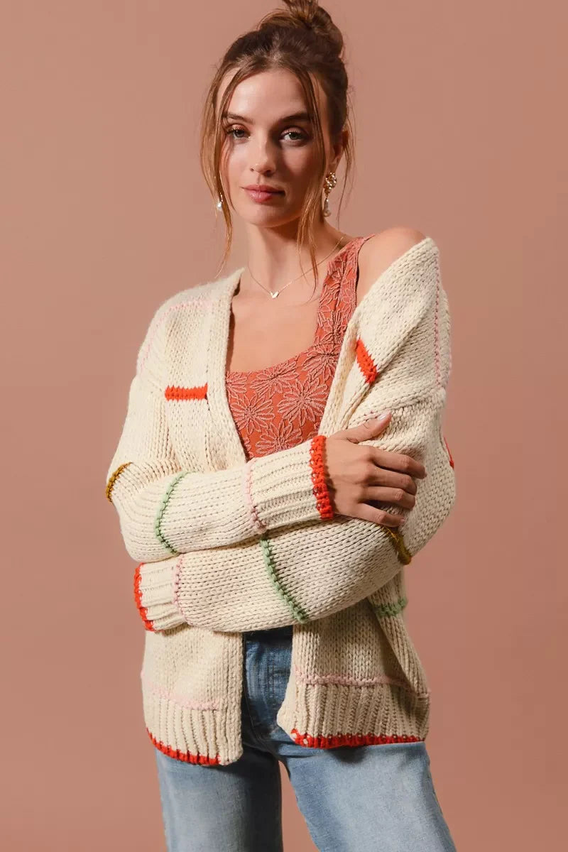 Loose Fit Multi Stripe Open Front Cardigan