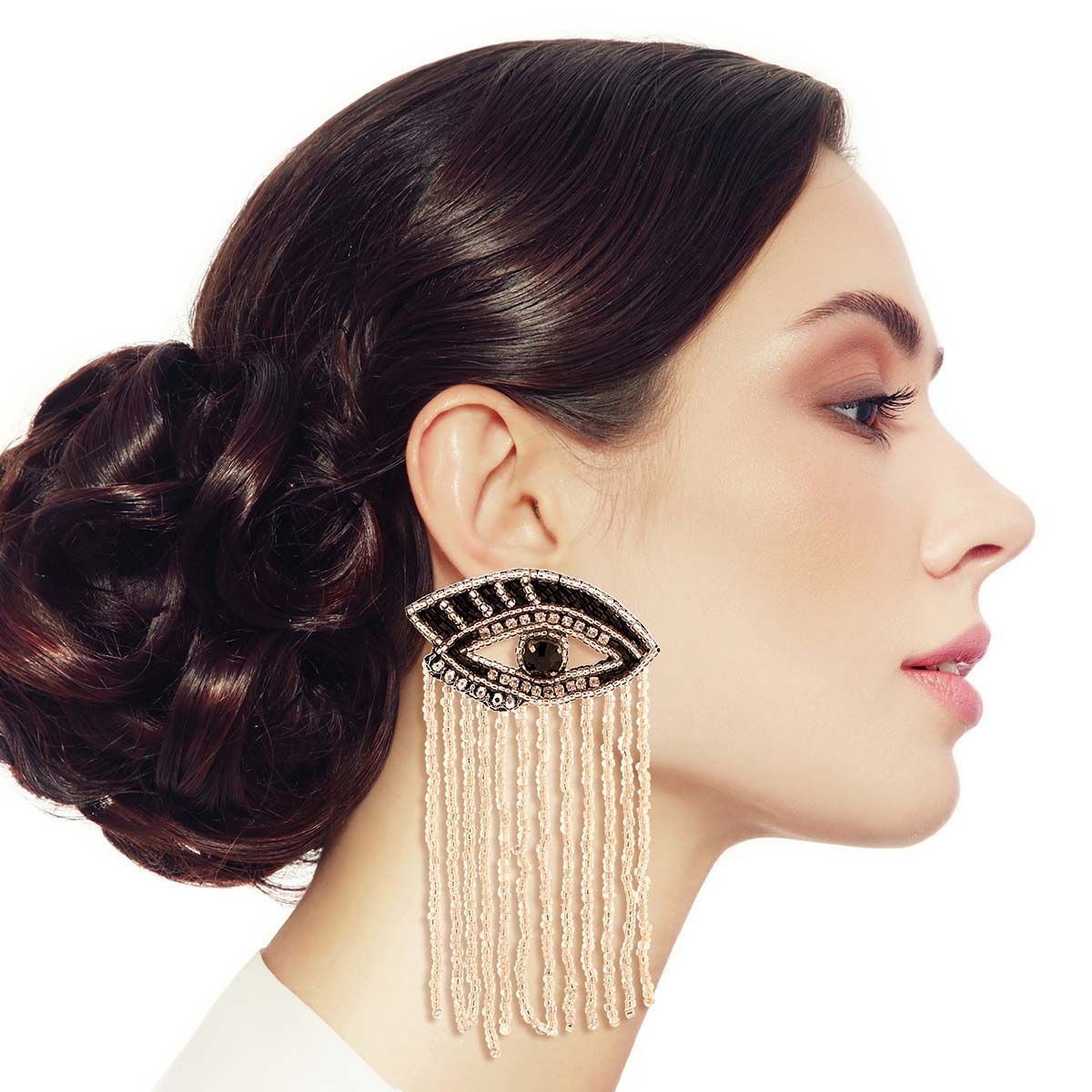 Eye Earrings with Silver Bead Fringe – Stylish Statement Jewelry