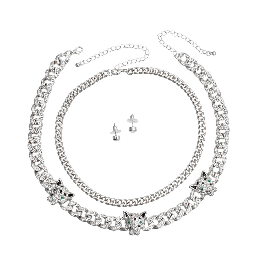 Statement Leopard Print Cuban Chain Set Silver Iced Stylish Jewelry