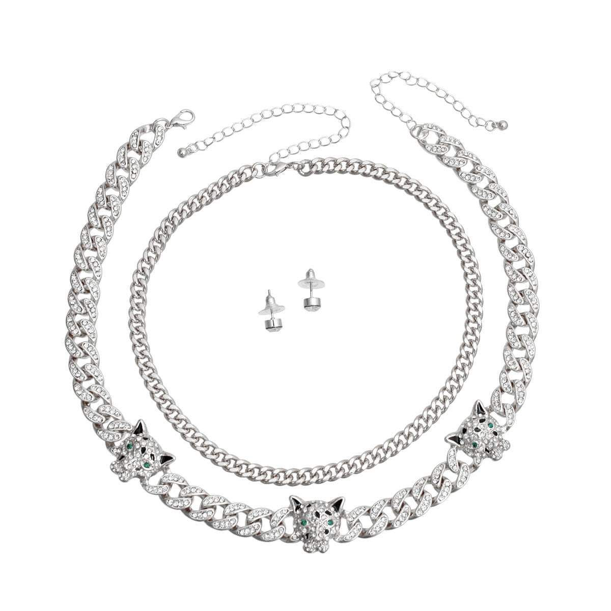 Statement Leopard Print Cuban Chain Set Silver Iced Stylish Jewelry