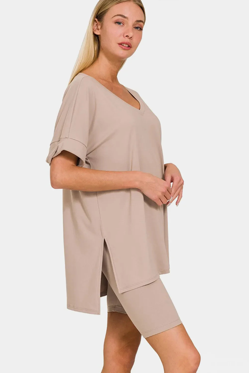 Full Size V-Neck Short Sleeve Slit T-Shirt and Shorts Set