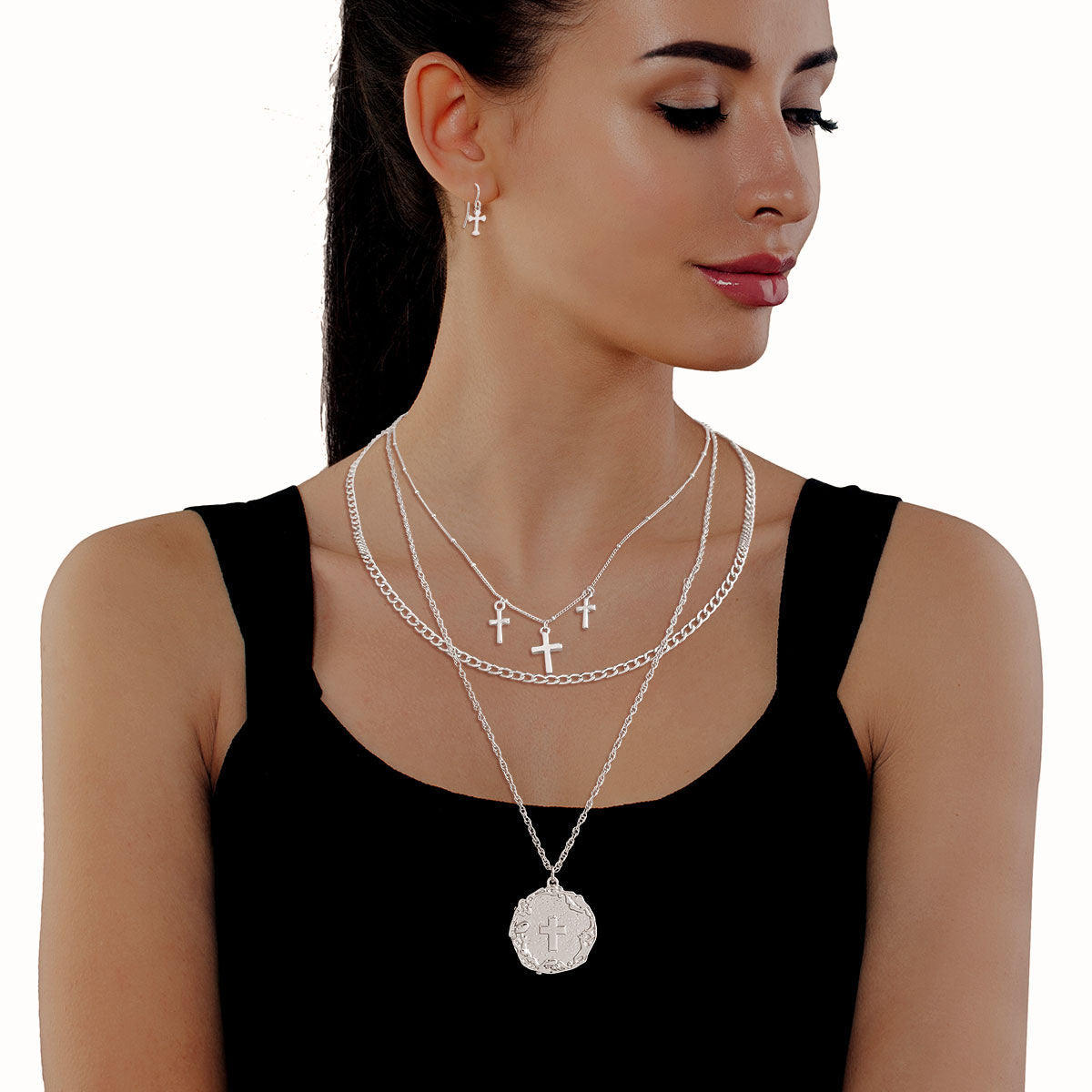 Layered Silver Religious Cross Chain Necklace Stylish Statement Jewelry