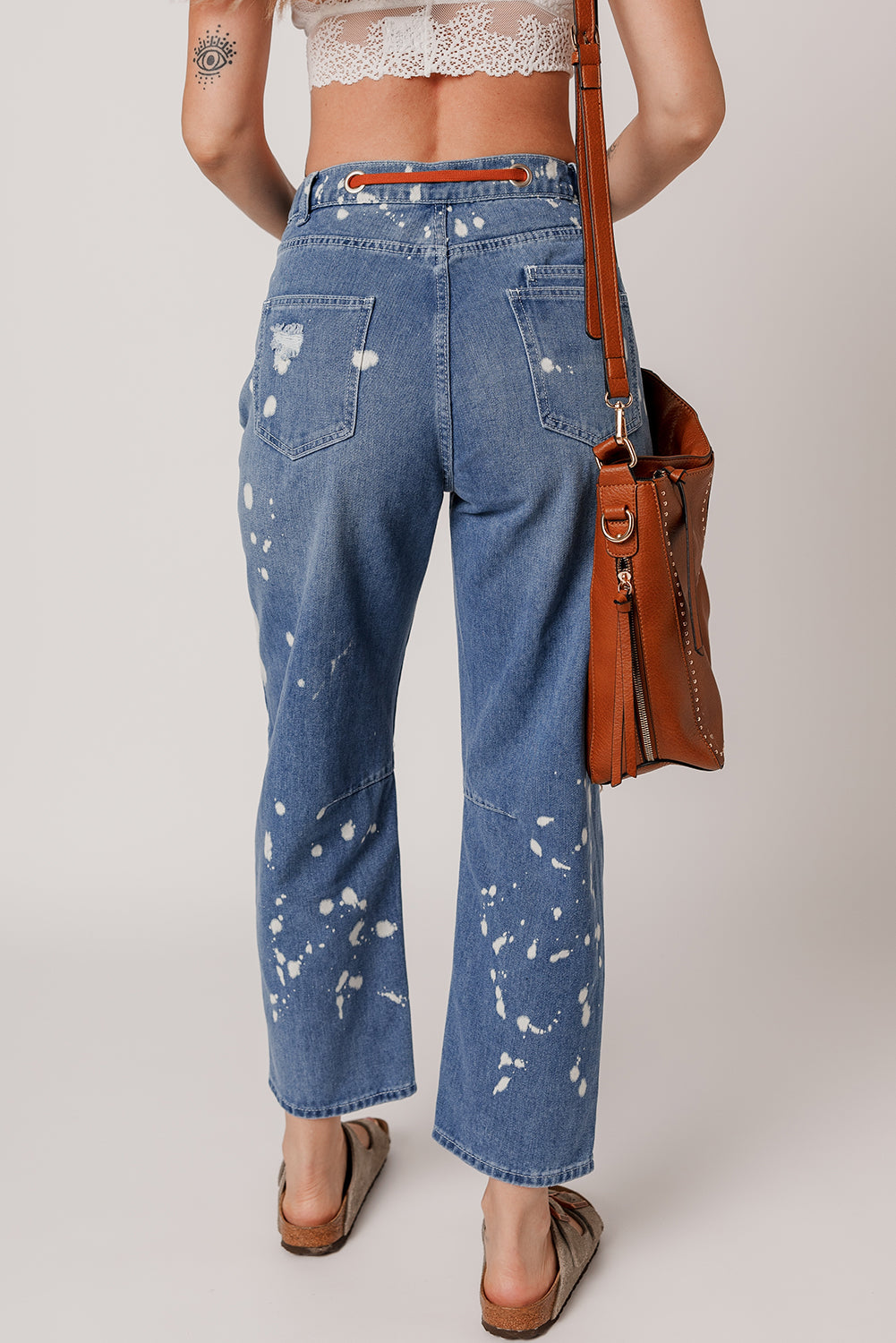Ripped Splattering Paint Rope Waist Cropped Straight Jeans